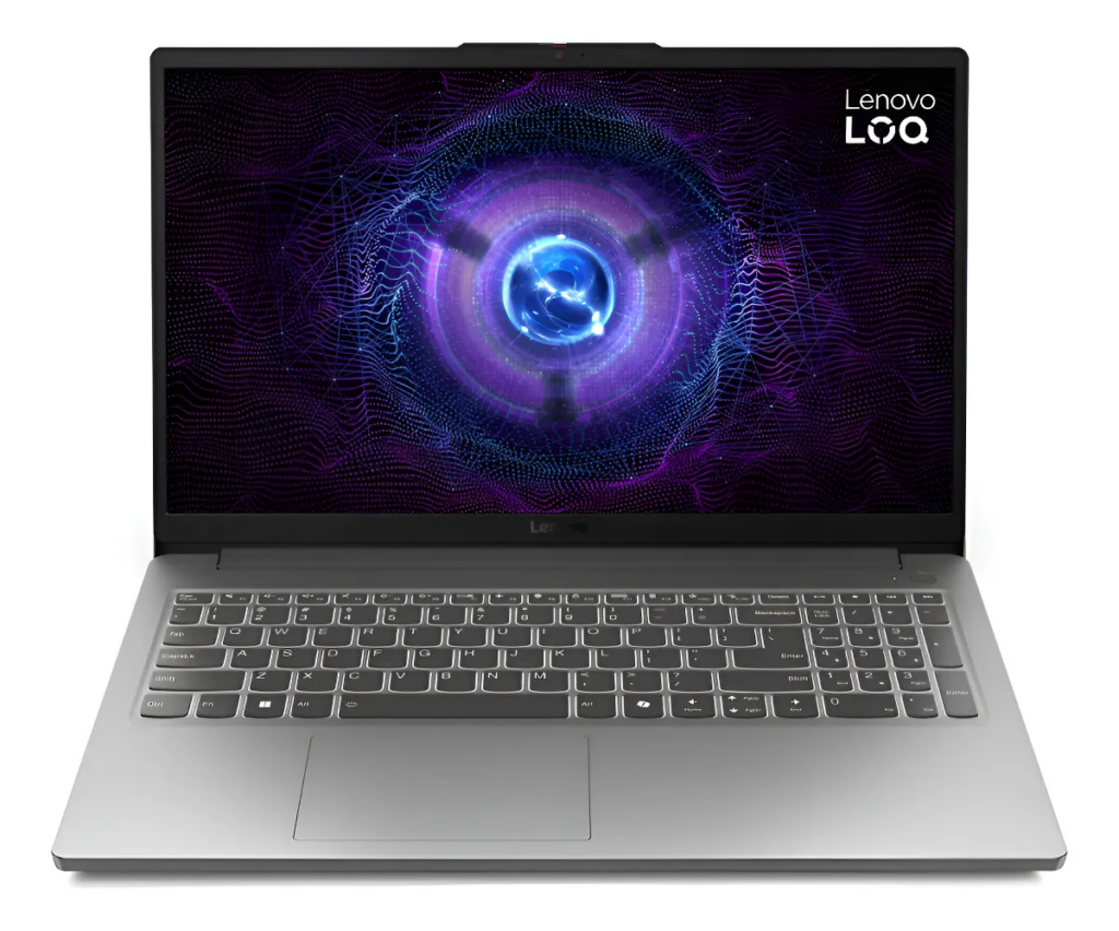 Notebook Gamer Lenovo LOQ cinza com teclado retroiluminado e logo Lenovo na tampa