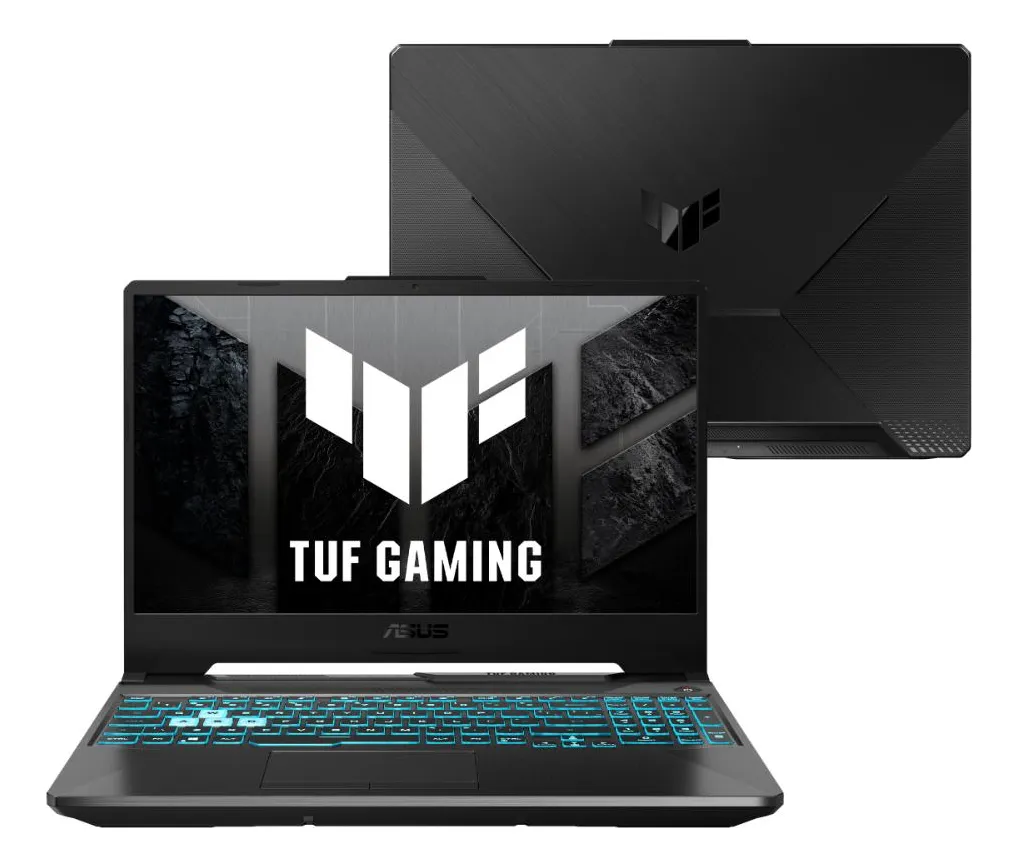 Notebook ASUS TUF Gaming A15 preto com logo da linha TUF em destaque na tampa
