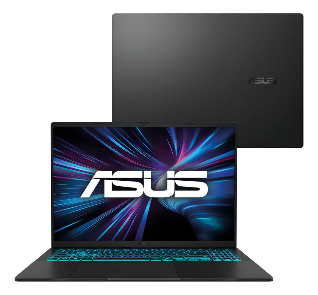 Notebook ASUS Vivobook 16 preto com detalhe de papel de parede abstrato azul e roxo na tela
